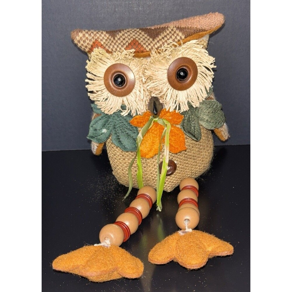 2 Owls Shelf Sitter Weighted Plush & Burlap Fabric Beaded Legs Fall Autumn